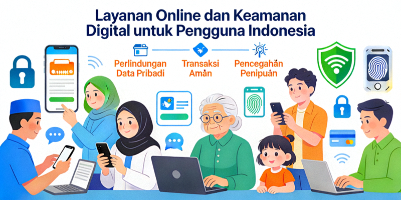 Ilustrasi layanan online dan keamanan digital untuk pengguna Indonesia